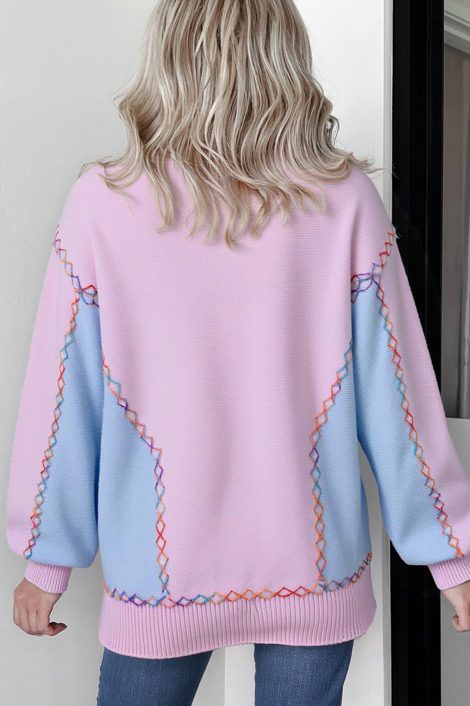 Orchid Bouquet Rainbow Stitching Balloon Sleeve Relaxed Sweater