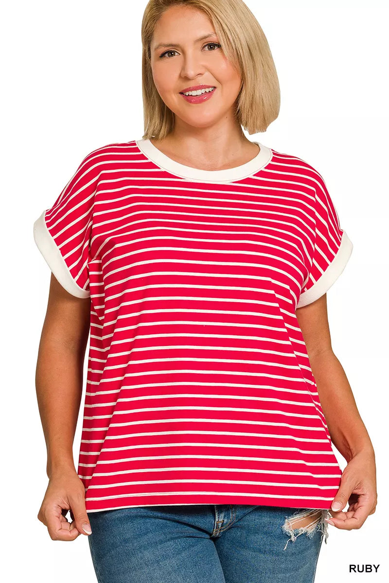 Full Size Contrast Trim Cap Sleeve Stripe Tee Plus Size