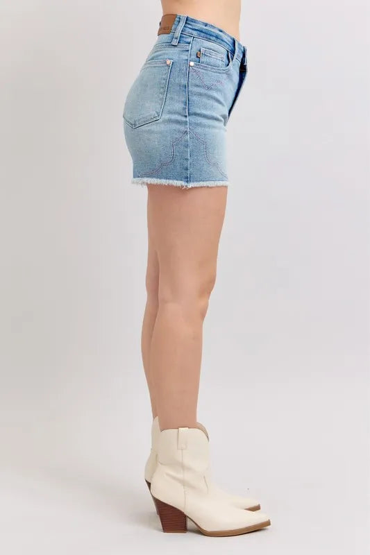 Full Size High Waist Western Embroidery Detail Cut Off Denim Shorts Plus Size