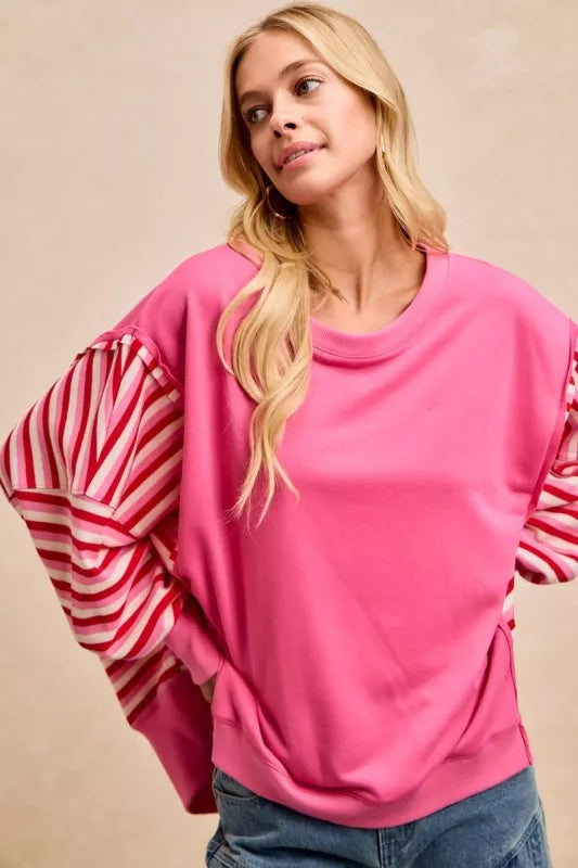 French Terry Stripe Combo Sweatshirt with Open Seam