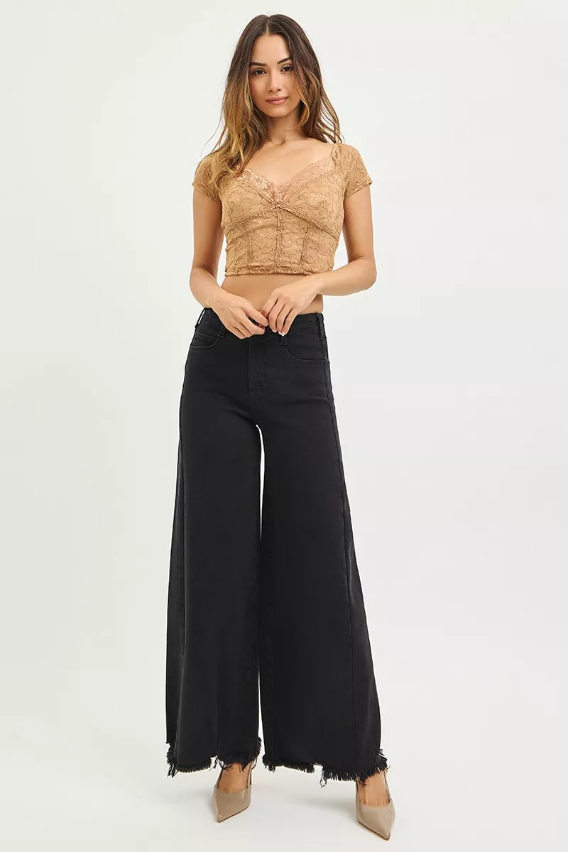 Tummy Control High Rise Palazzo Leg Frayed Hem Jeans