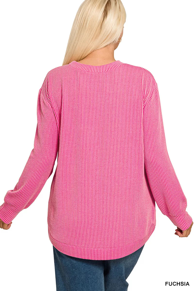 Full Size Raised Rib Round Neck Long Sleeve Top Plus Size