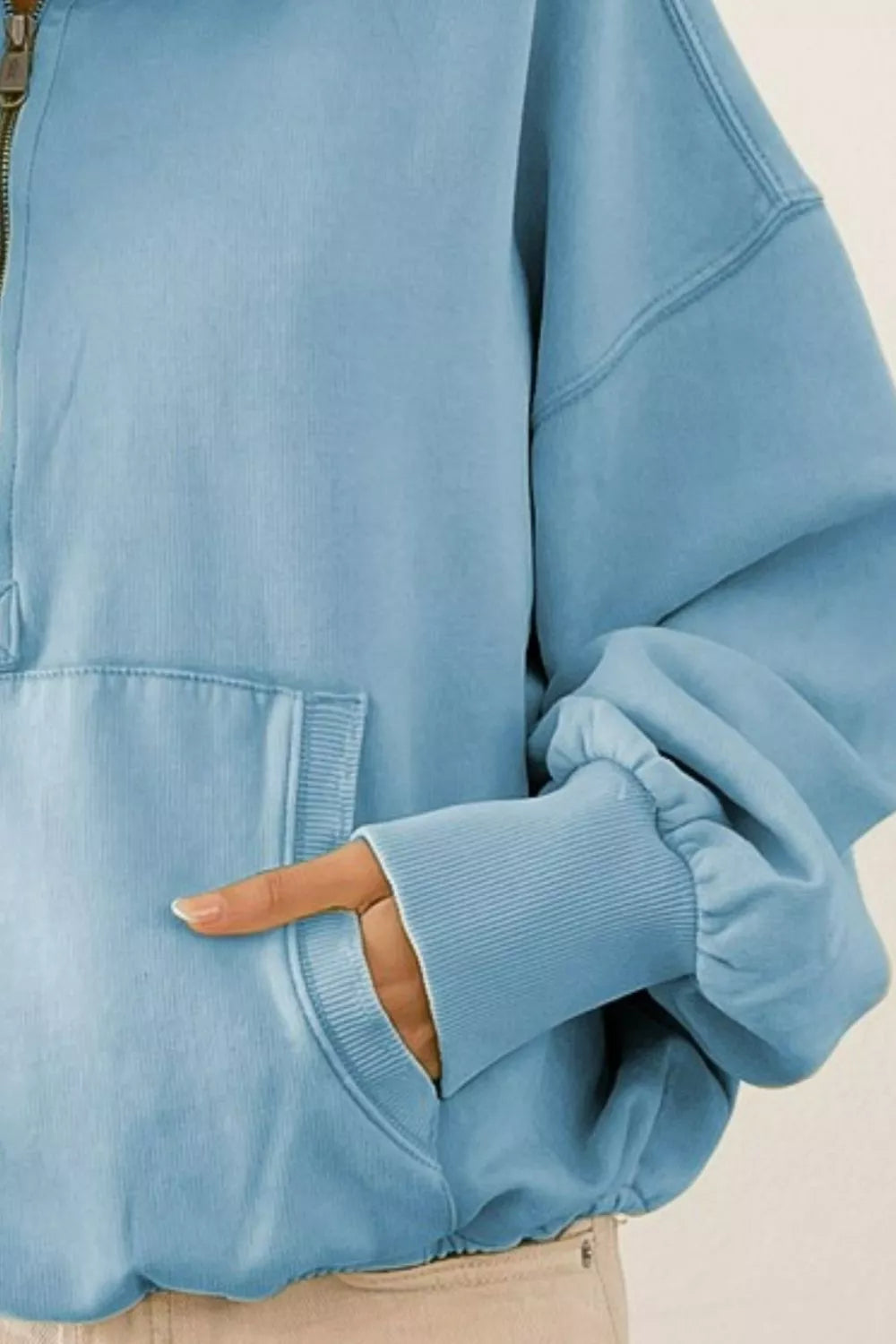 Stitch Detailed Elastic Hem Half Zip Fleece Hoodie