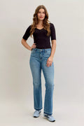 Full Size Mid Rise Slim Bootcut Tummy Control Release Hem Jeans Plus Size