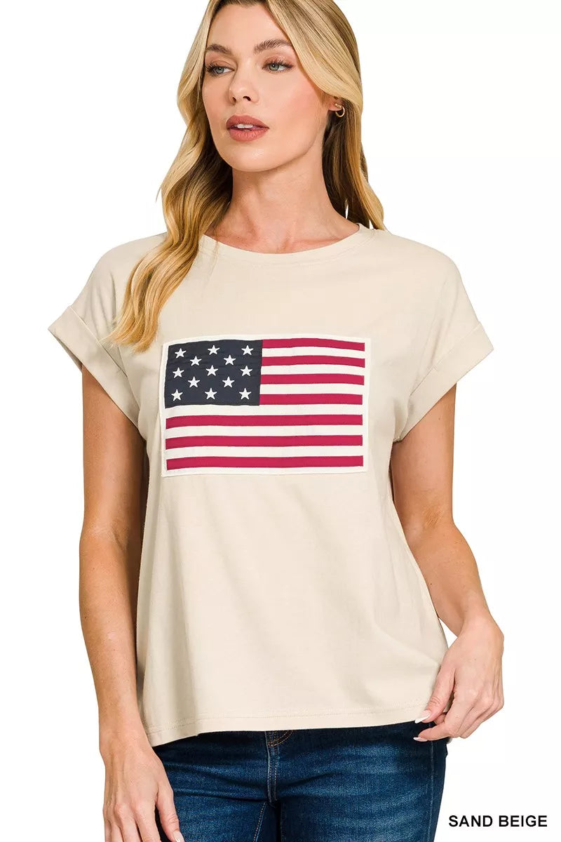 Full Size US Flag Round Neck Short Sleeve T-Shirt Plus Size
