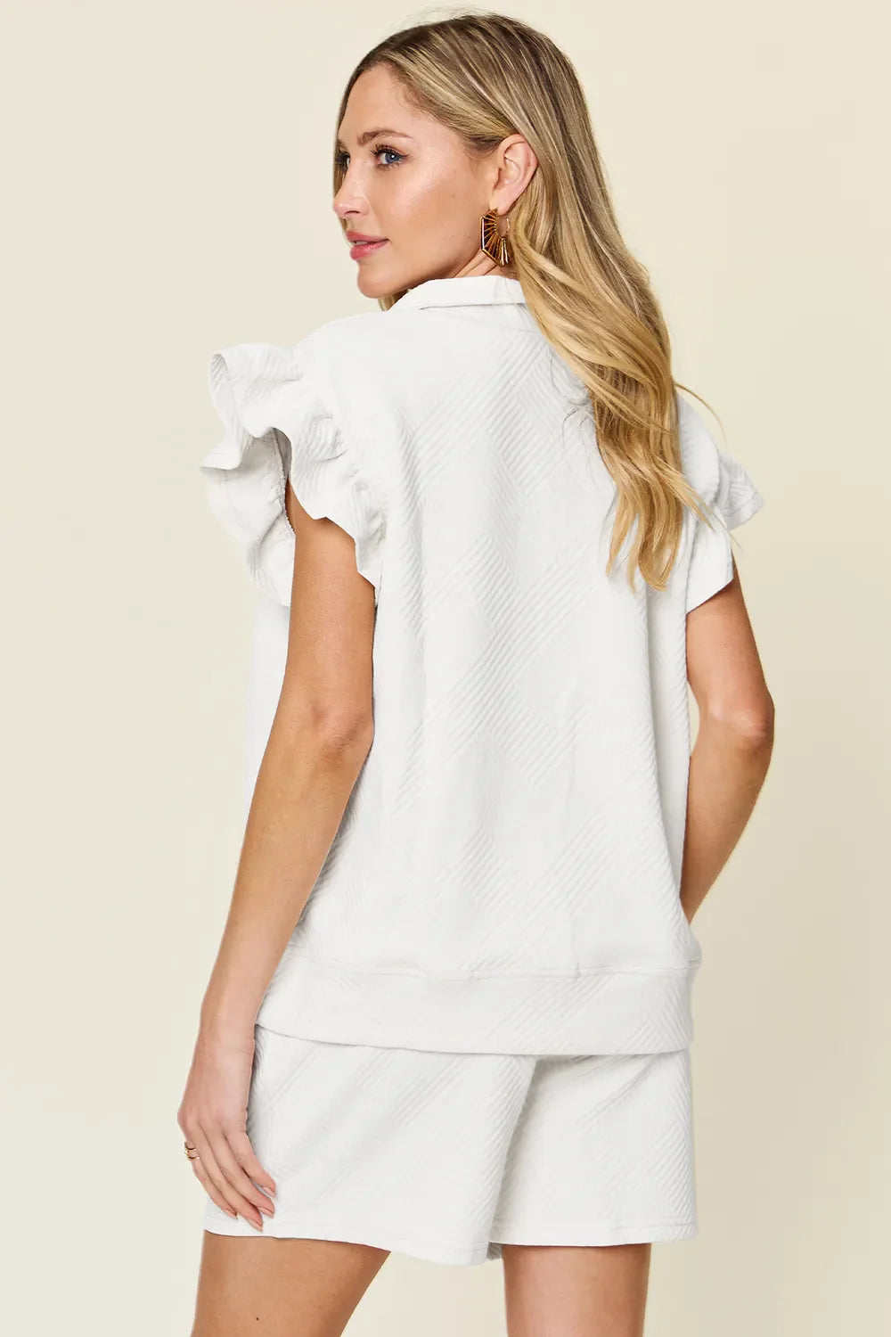 I am a Fashion Junky Full Size Texture Flounce Sleeve Top and Drawstring Shorts Set