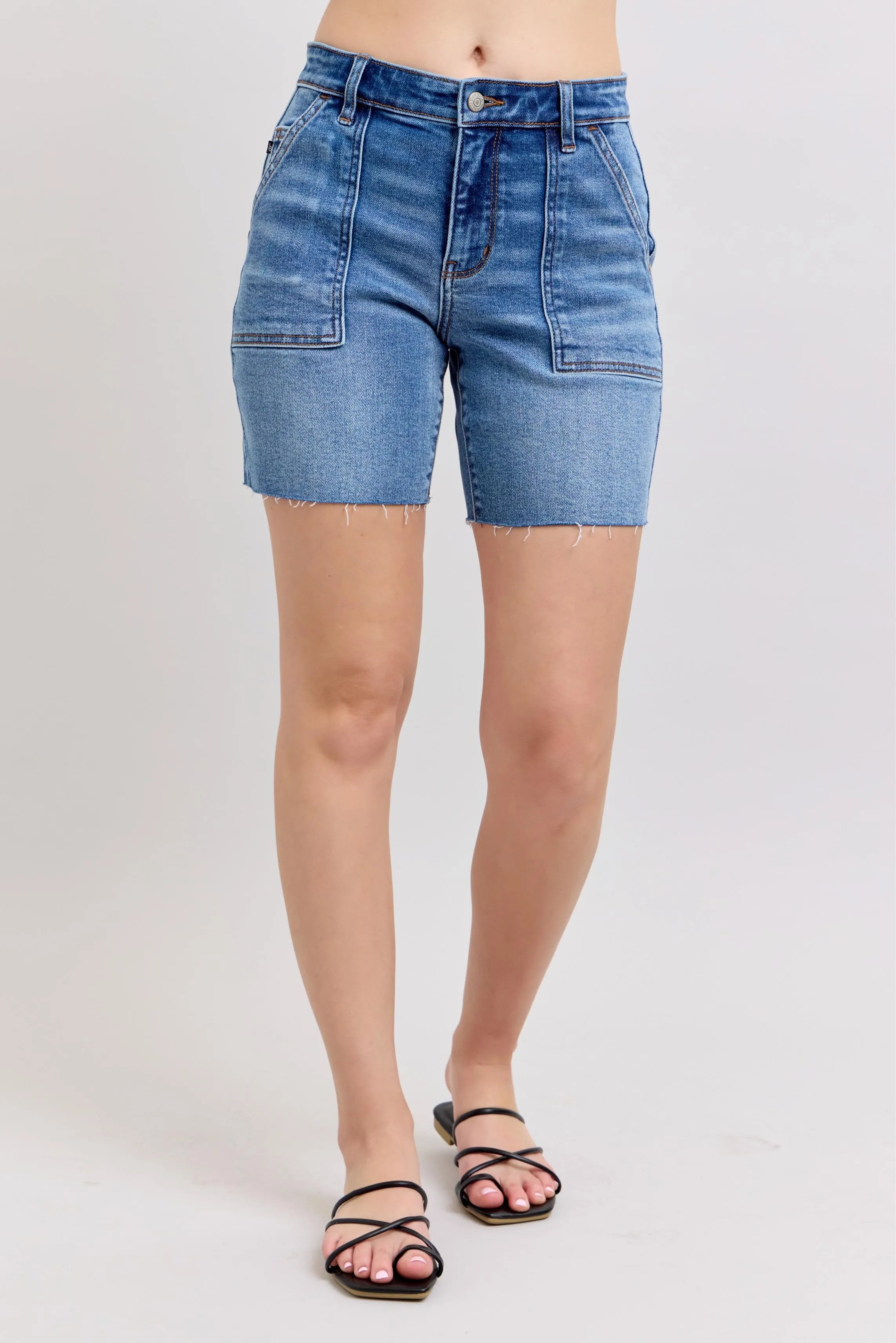 Full Size Mid Rise Bermudas Denim Shorts W/ Back Flap Pockets Plus Size