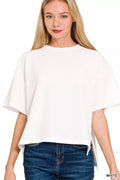 Full Size Double Knit Side Slits Hi Low Short Sleeve Top Plus Size