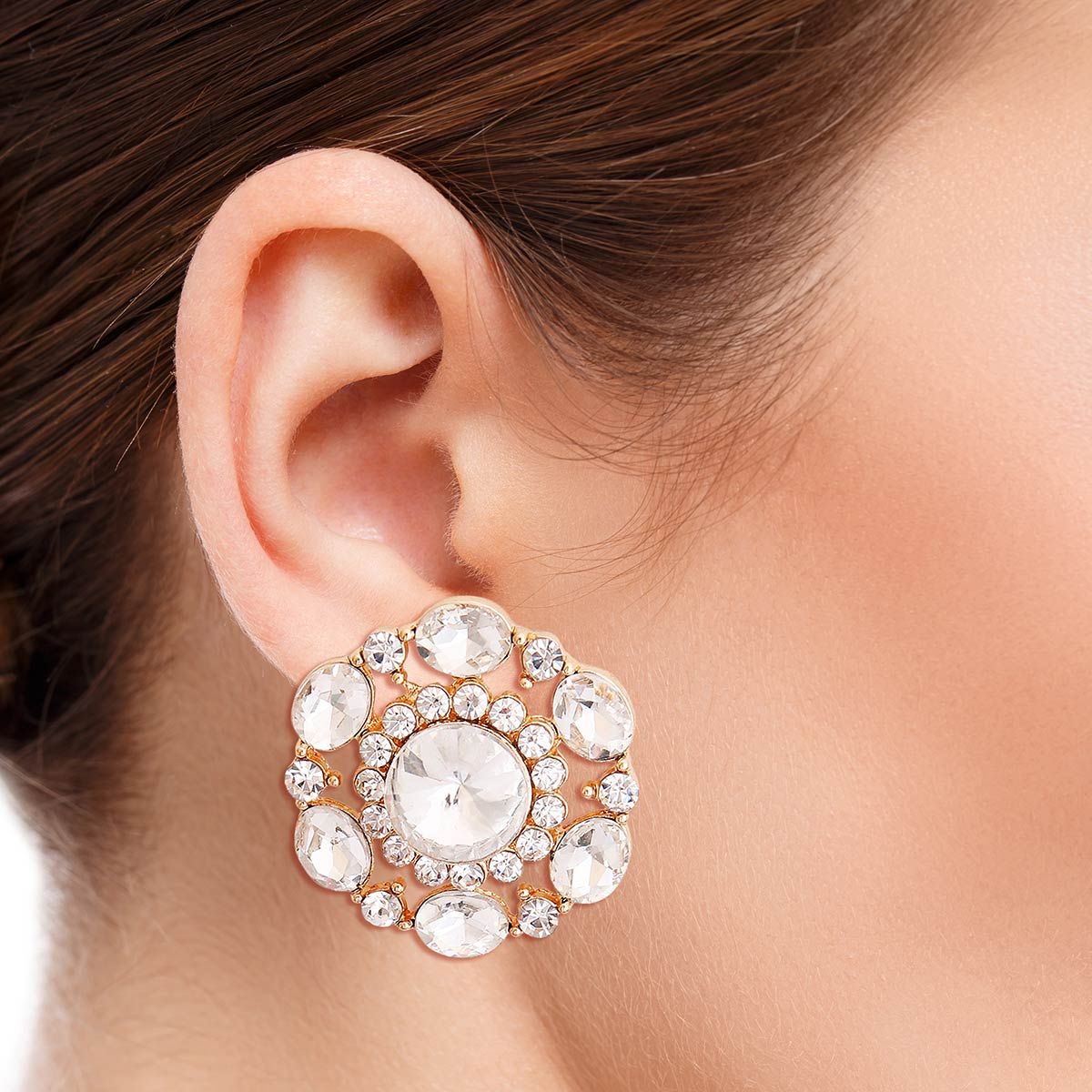 Circle Stud Earrings Gold Clear Crystal Stylish Chic Jewelry