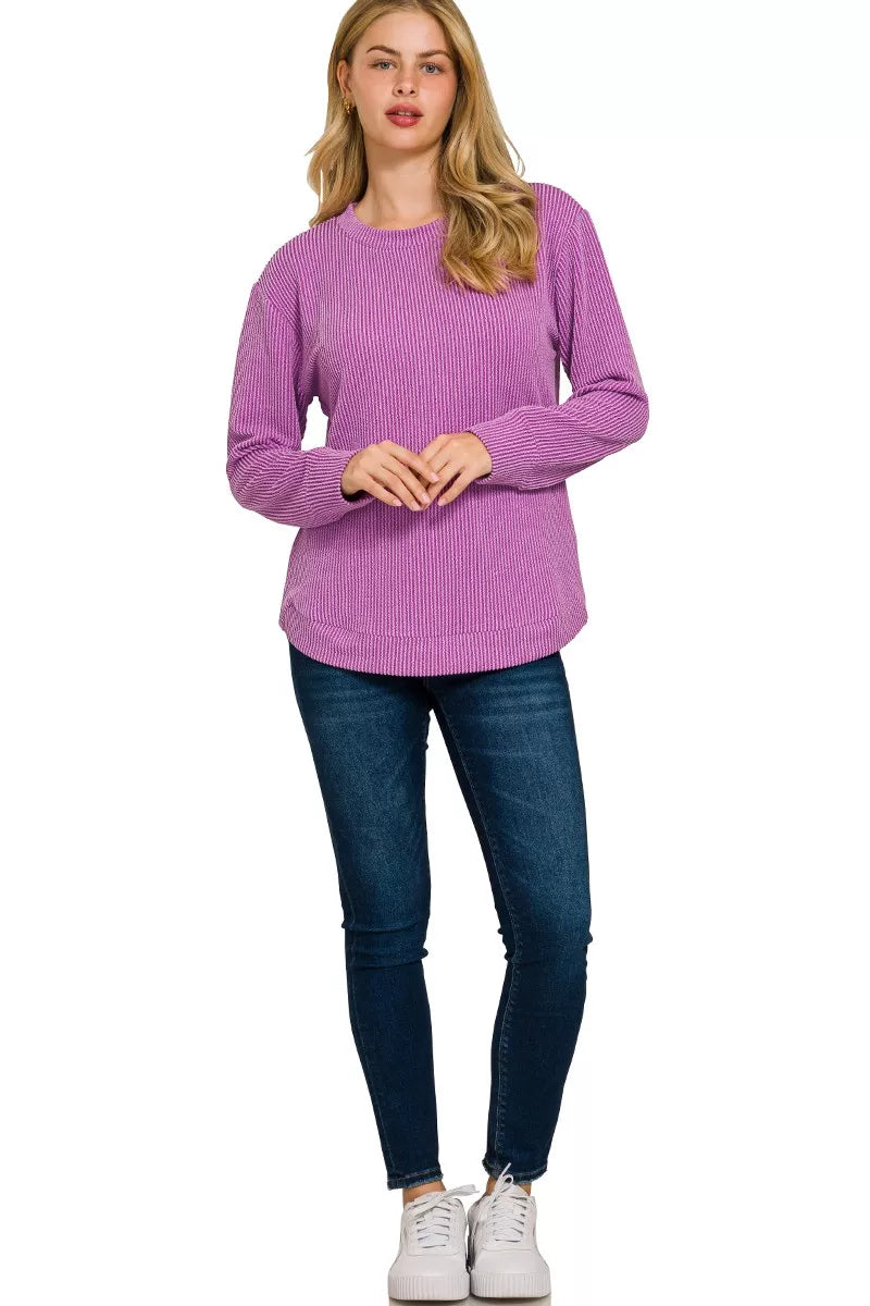 Full Size Raised Rib Round Neck Long Sleeve Top Plus Size