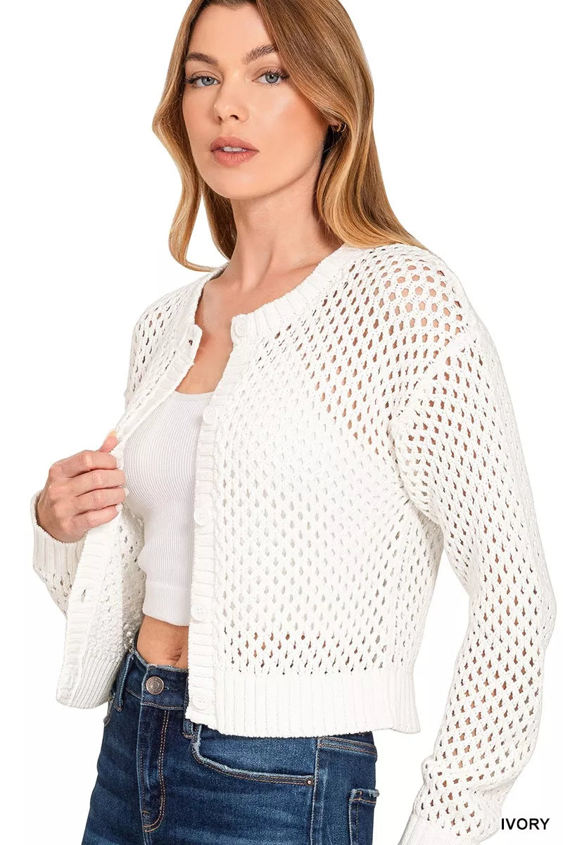 Button Down Lightweight Crochet Cardigan Sweater