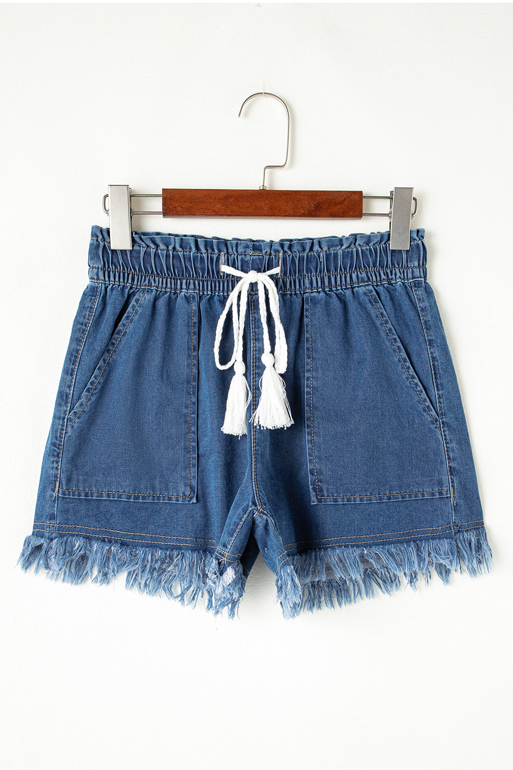 Raw Hem Drawstring High Waist Denim Shorts with Pockets