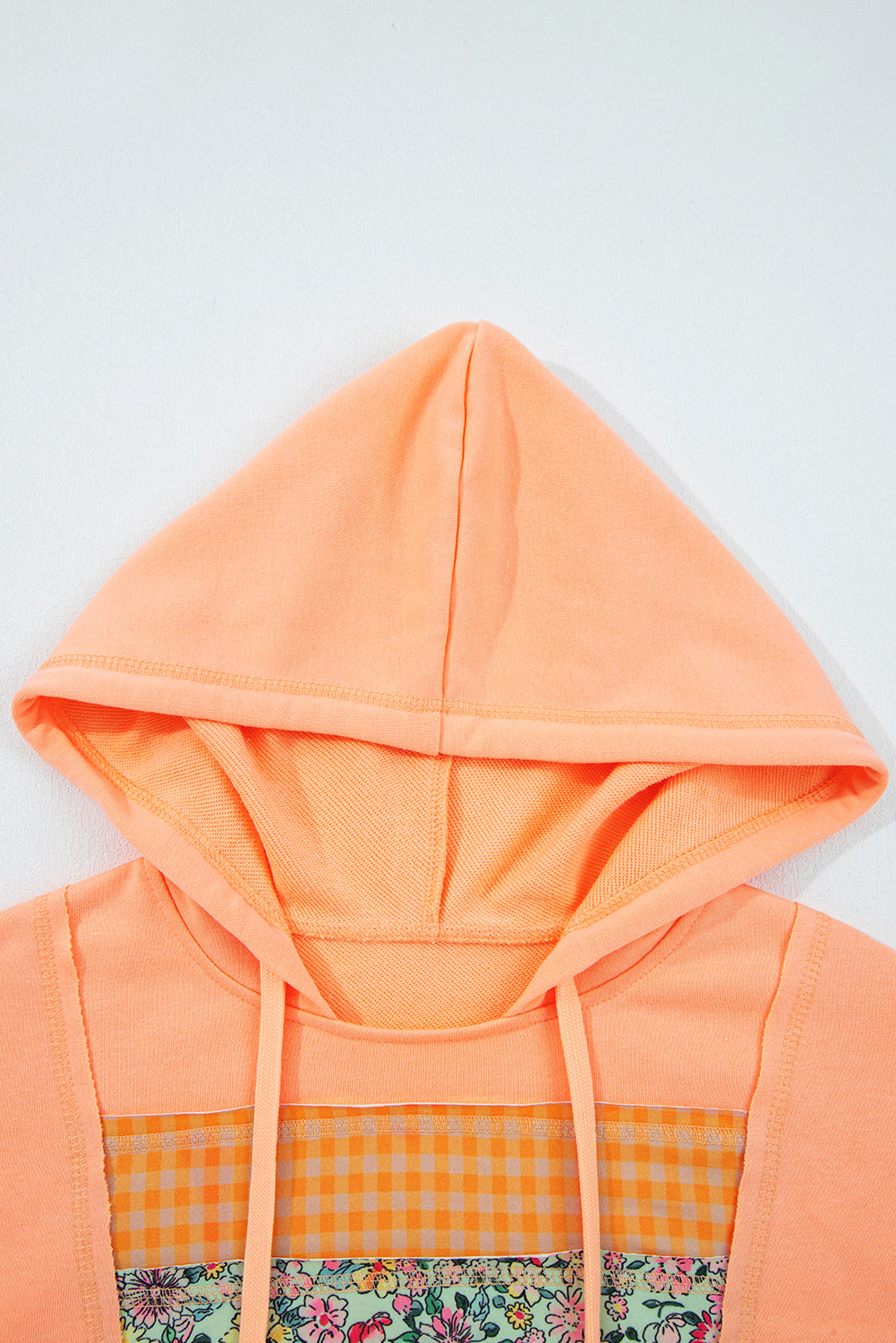 Grapefruit Orange Plaid Floral Patchwork Kangaroo Pocket Hooded Long Sleeve Top
