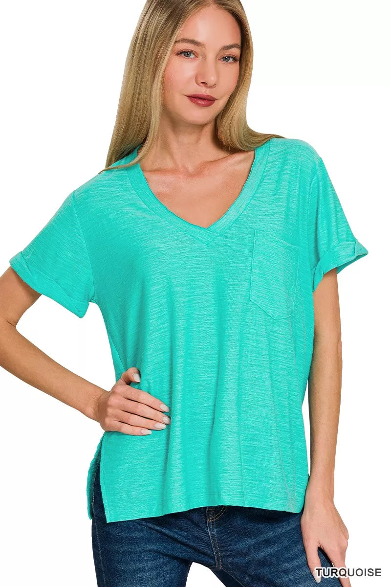 Slub Rolled Short Sleeve V-Neck Tee