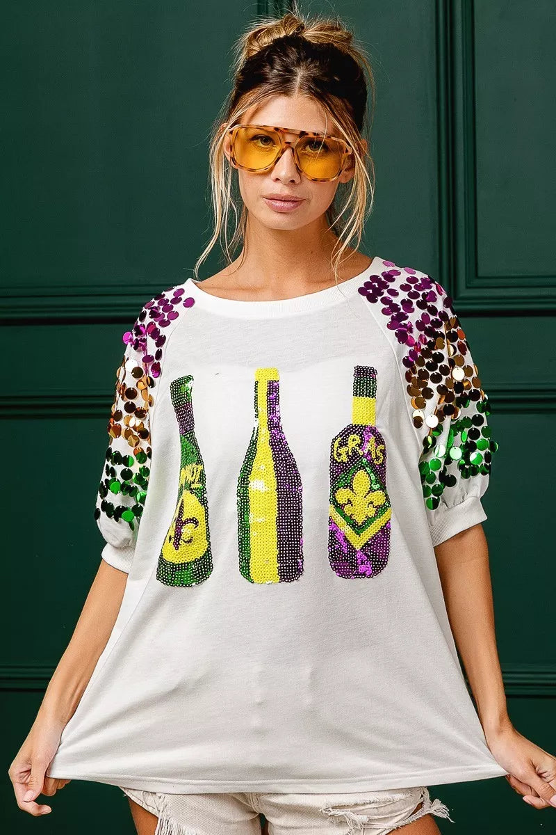 Sequin Mardi Gras Bottles Spangled Sleeve Top