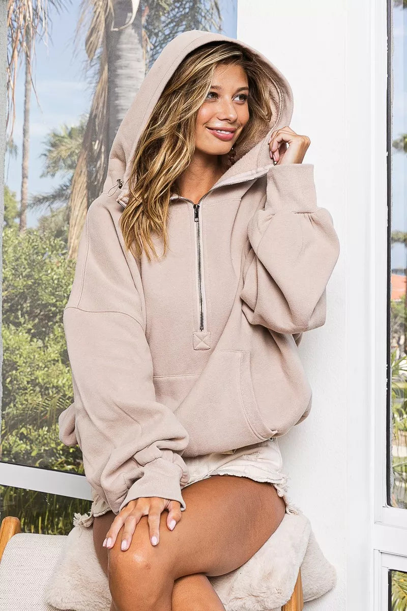 Stitch Detailed Elastic Hem Half Zip Fleece Hoodie
