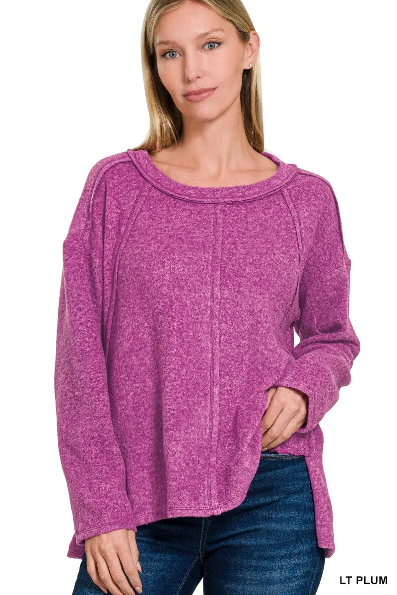 Brushed Hacci Exposed Seam Hi Low Sweater