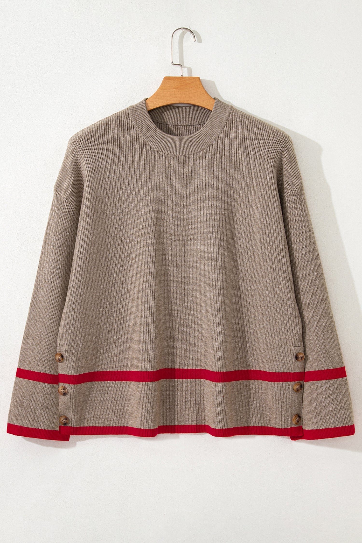 Simply Taupe Ribbed Knit Contrasted Stripe Detail Button Side Loose Sweater