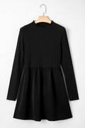 Black Frilled Neck Ribbed Knit Patchwork Long Sleeve Mini Dress