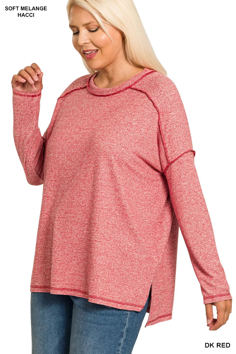 Full Size Melange Hacci Exposed Seam Hi-low Tee Plus Size