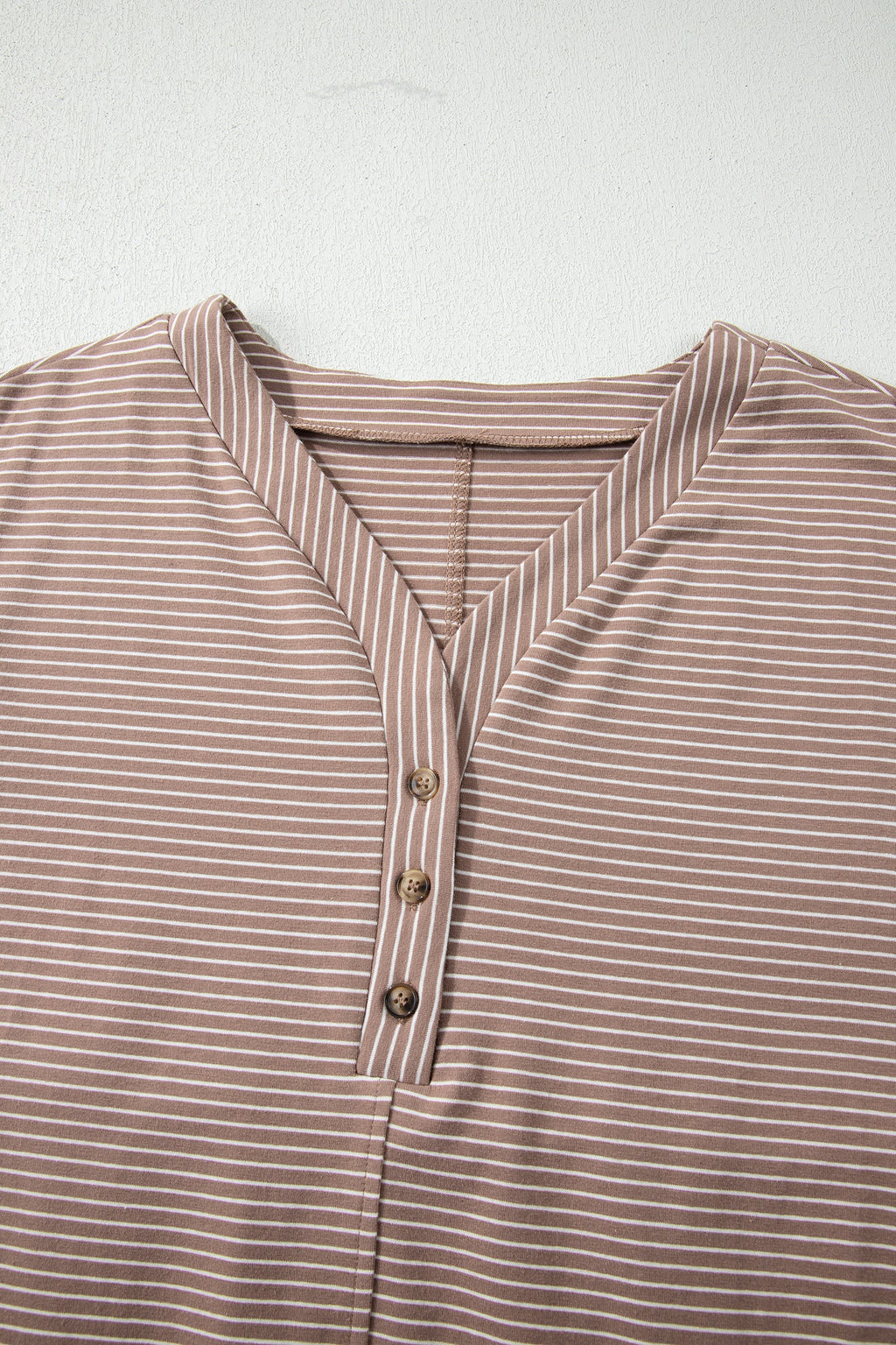 Khaki Stripe Buttoned V Neck High Low Side Slit T Shirt