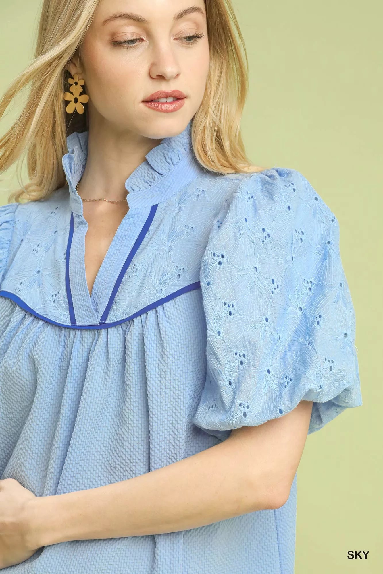 Puff Sleeve Eyelet Mix Top with Contrast Piping
