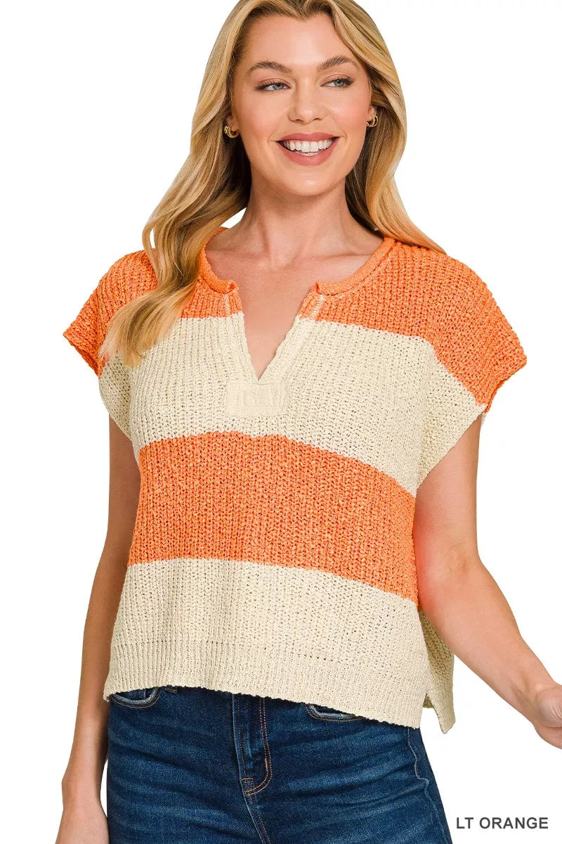 Split Neck Sleeveless Stripe Sweater