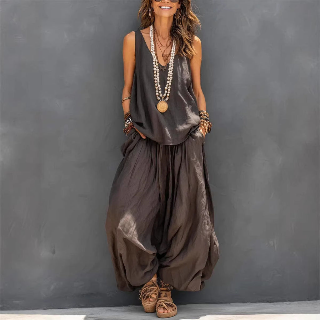 Womens Solid-Colored Casual Sleeveless Tank Top And Wide-Leg Pants Cotton-Linen Set