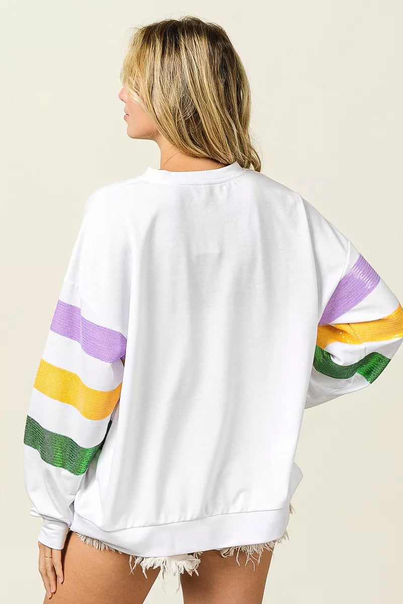 Sequin Mardi Gras Striped Round Neck Sweatshirt