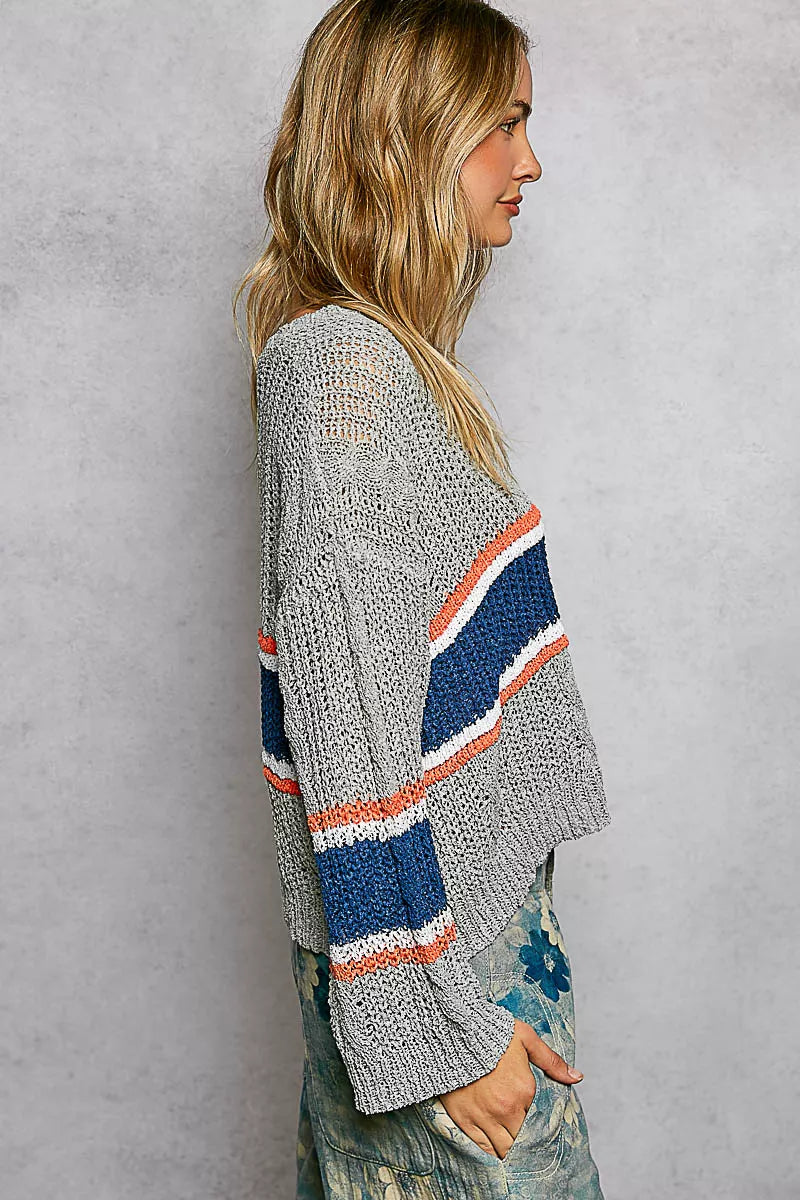 V-Neck Striped Pattern Cropped Knit Top with Cable Knit Detail