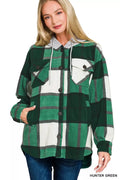 Plaid Drawstring Hooded Fleece Shacket