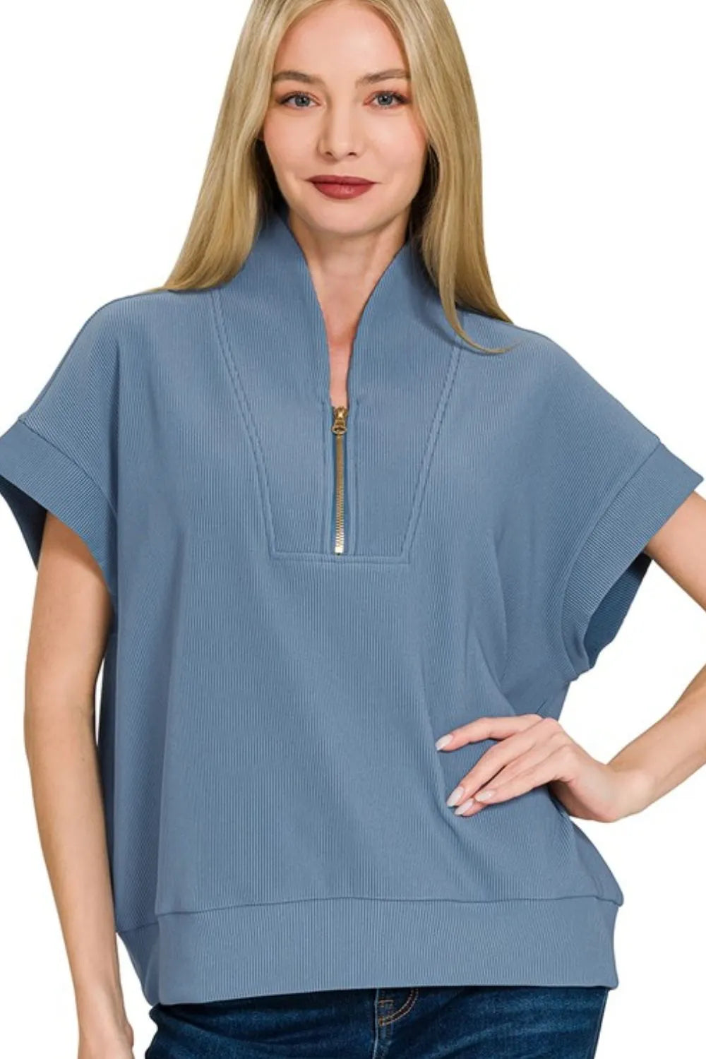 Ribbed High Neck Half Zip Top