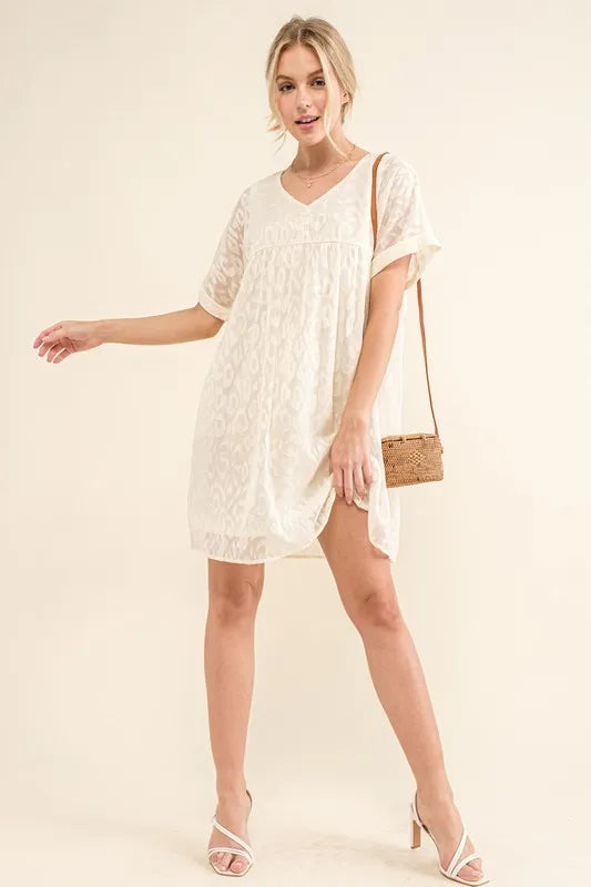 Woven Leopard Baby Doll Roll-Sleeve Casual Dress