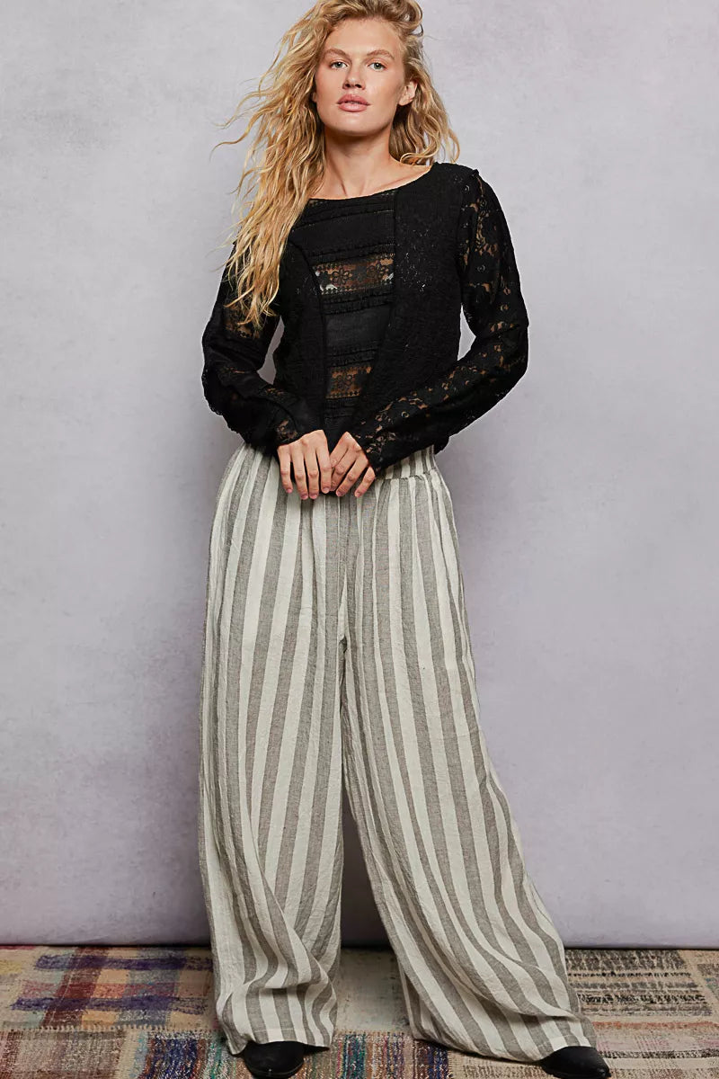 Round Neck Long Sleeve Exposed Seam Top with Lace Detail