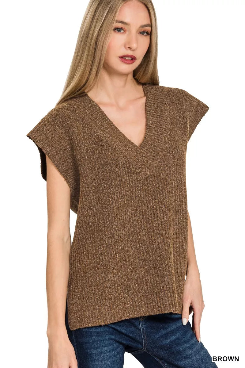 Ribbed Slit V-Neck Sweater Vest