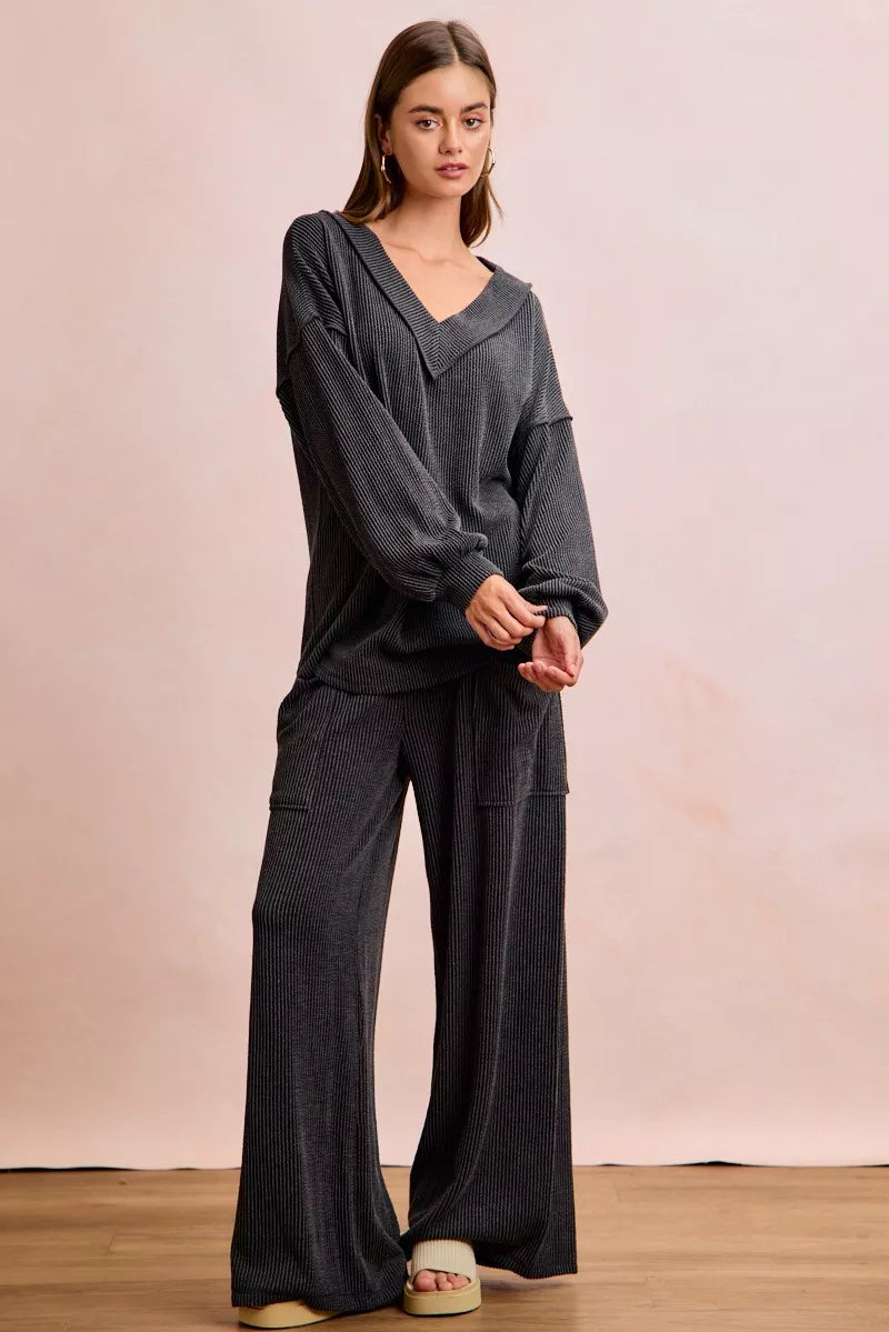 Two Tone Cord Rib Contrast Stitching V-Neck Top and Pants Set