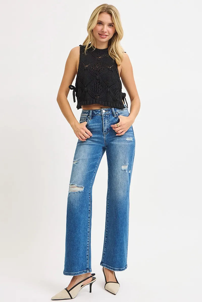 Full Size High Rise Ankle Straight Front Body Distressed Jeans Plus Size
