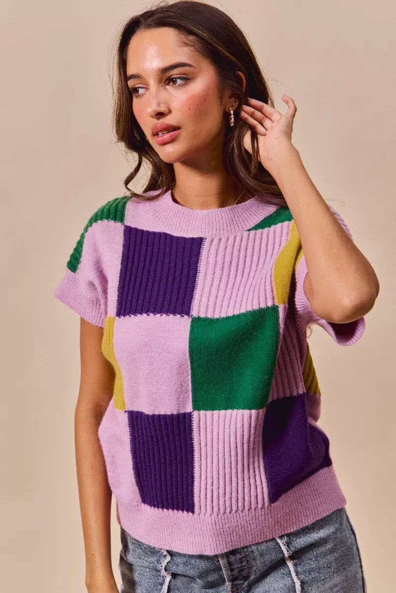 Mardi Gras Check Plaid Casual Sweater Top