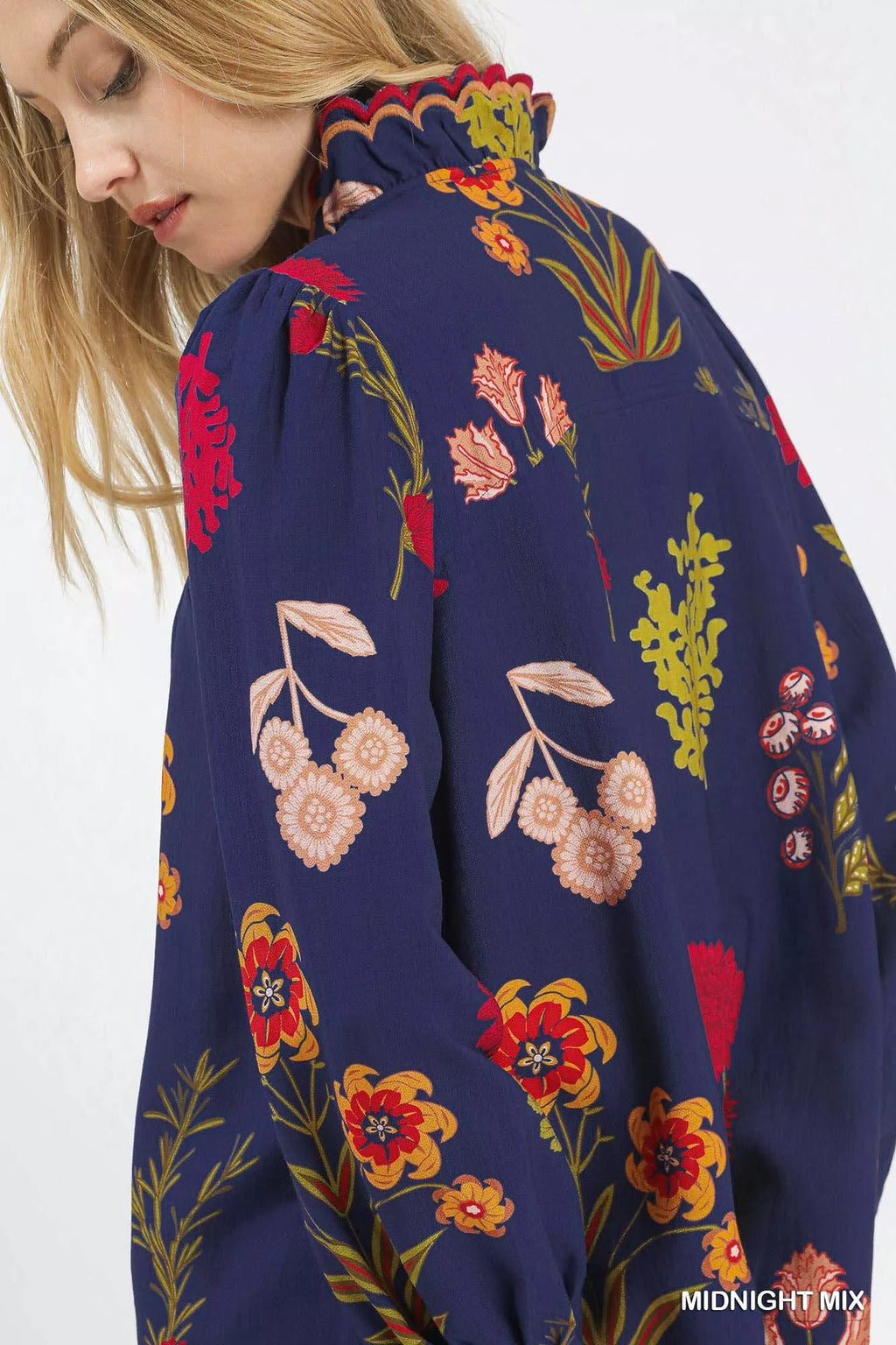 Flower Print Blouse with Scalloped Neckline