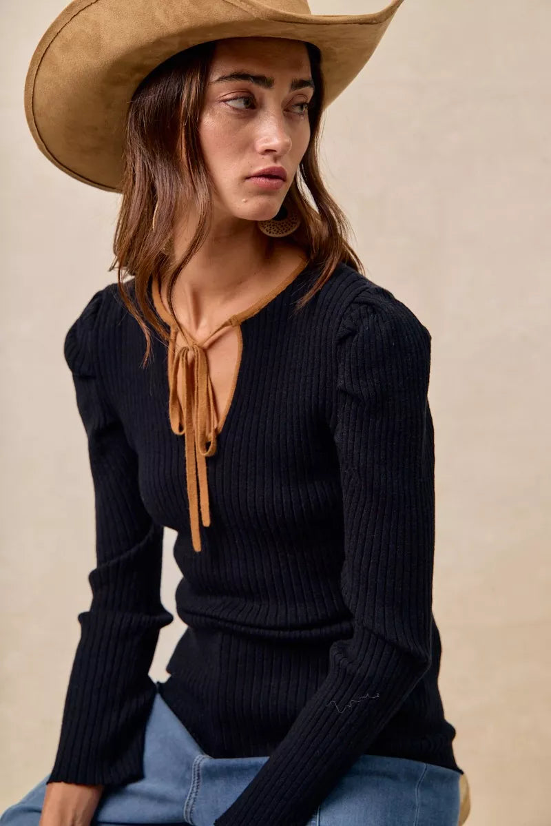 Ribbed Contrast Front Tied Top with Shrried