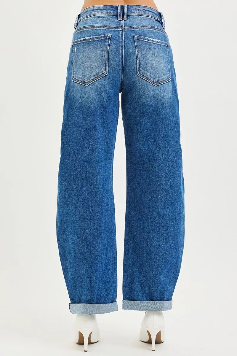 Full Size Mid Rise Barrel Double Roll Up Jeans Plus Size