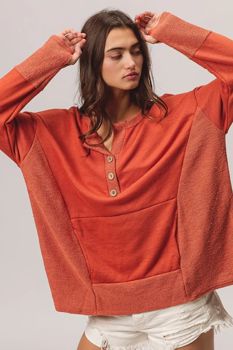 French Terry Knit Side Block Buttoned Henley Top