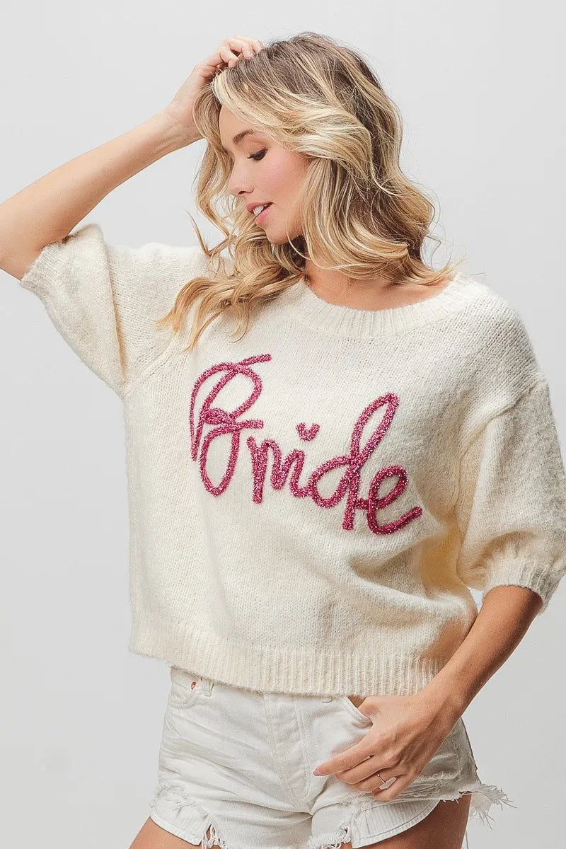 Metallic Letter Short Puff Sleeve Hairy Sweater
