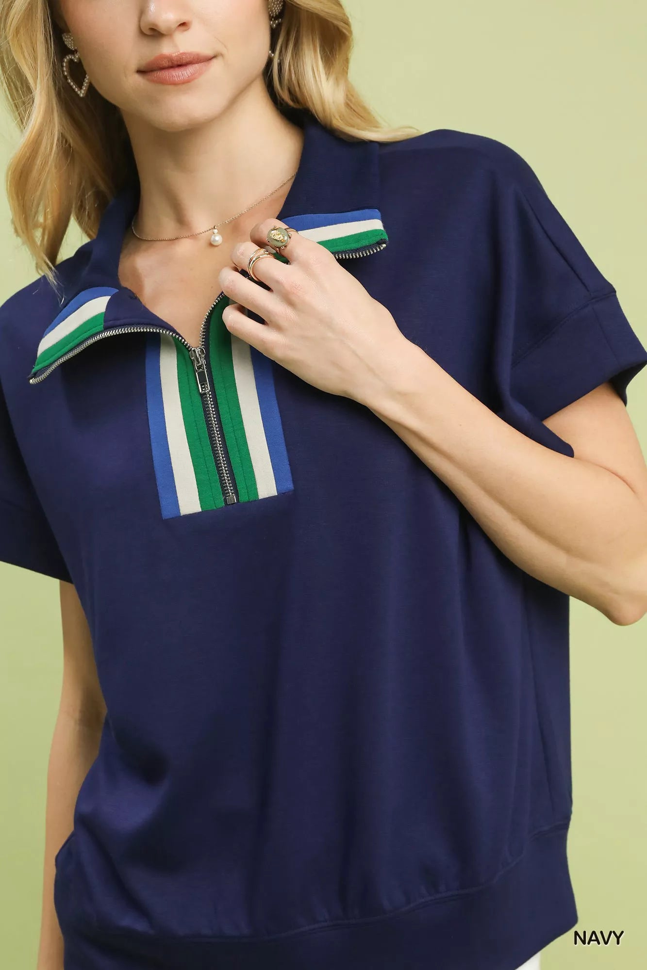 Striped Collared Neck Half-Zip Top