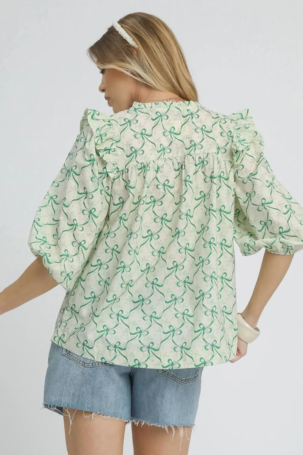 Ruffled Bow Print Notched Blouse