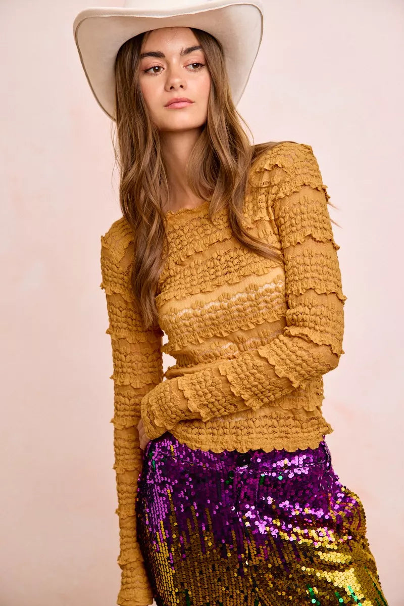 Ruffles Detail Mardi Gras Color Flower Lace Top