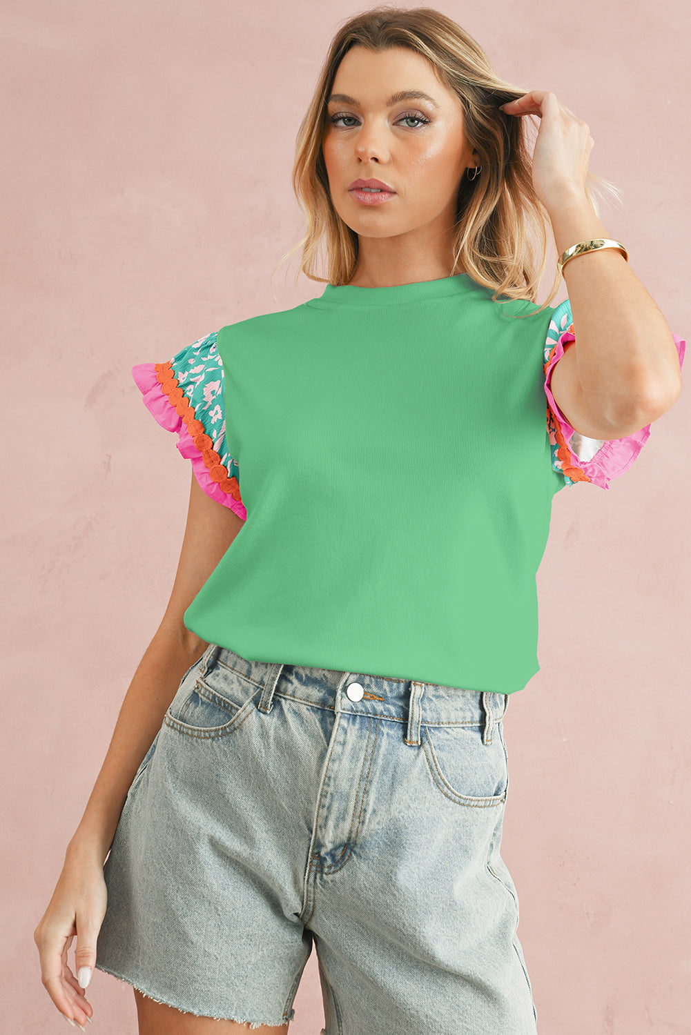 Peach Blossom Ricrac Applique Floral Sleeve Textured Blouse