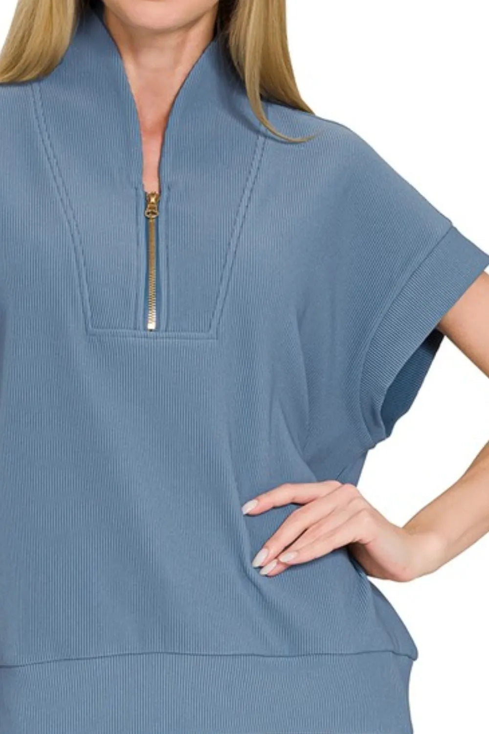 Ribbed High Neck Half Zip Top