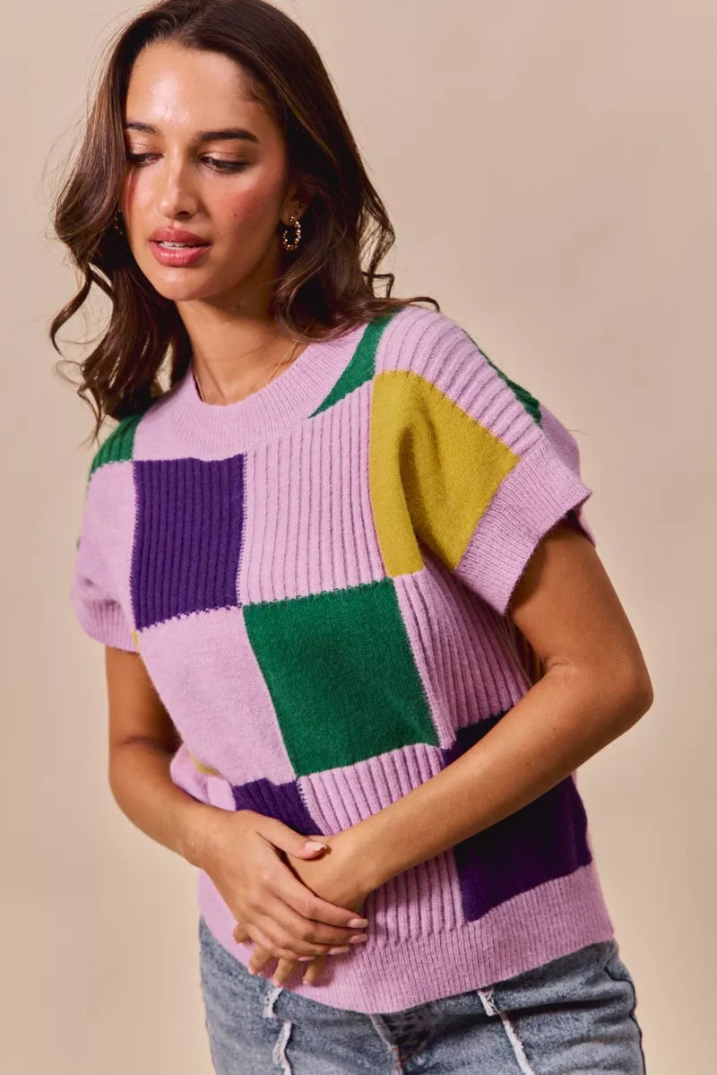 Mardi Gras Check Plaid Casual Sweater Top