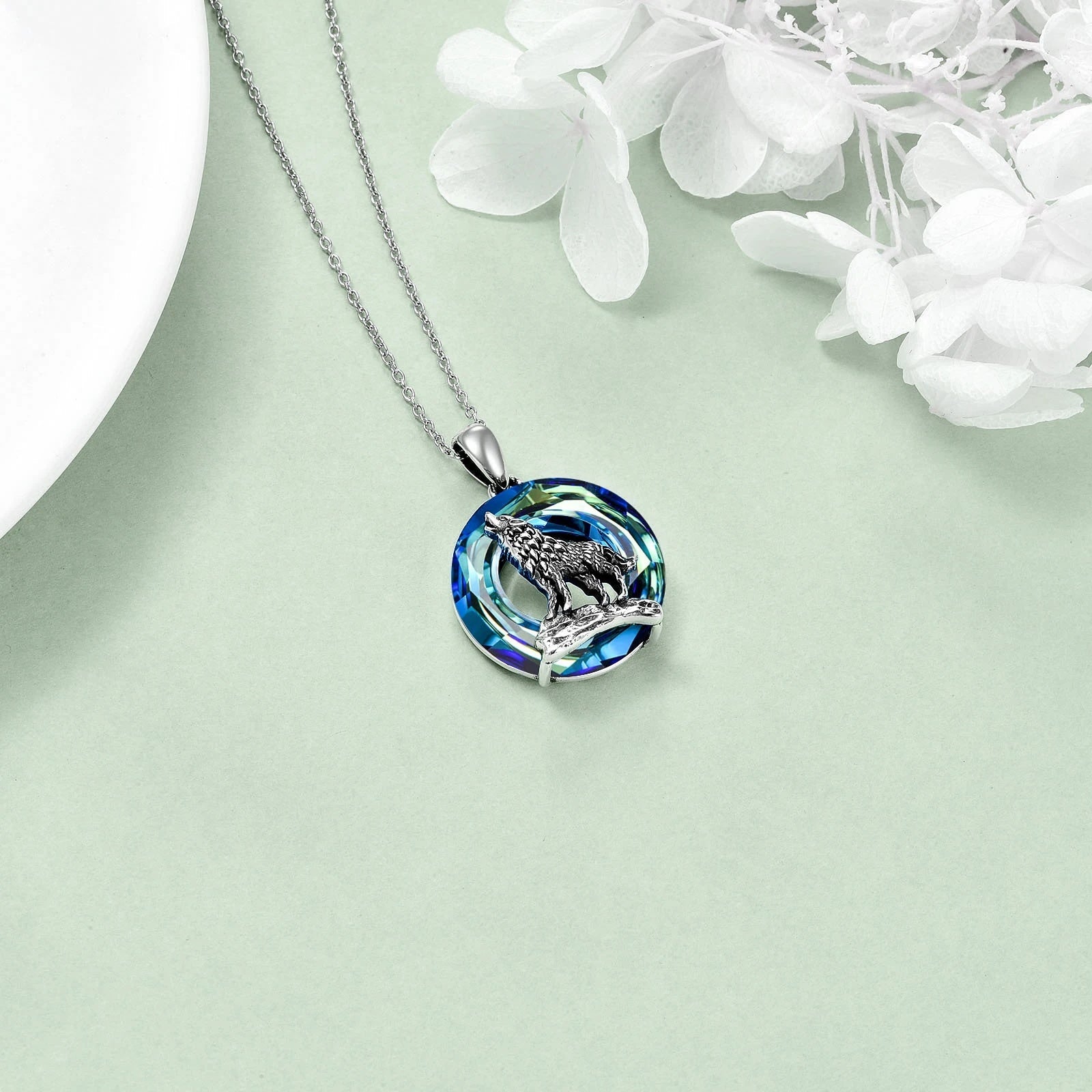 Sterling Silver Viking Wolf Earrings Necklace Jewelry with Crystal